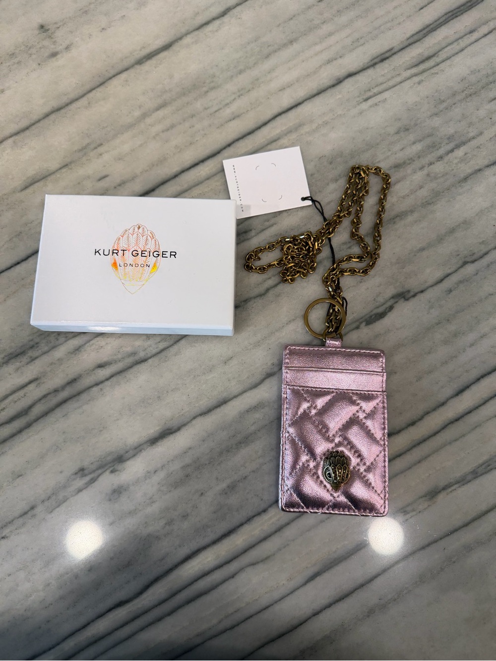 Kurt Geiger Metallic Pink Quilted Cardholder with Gold Chain
